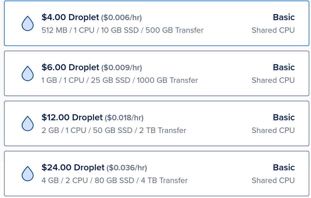 Four tiers of DigitalOcean server specification and their prices.