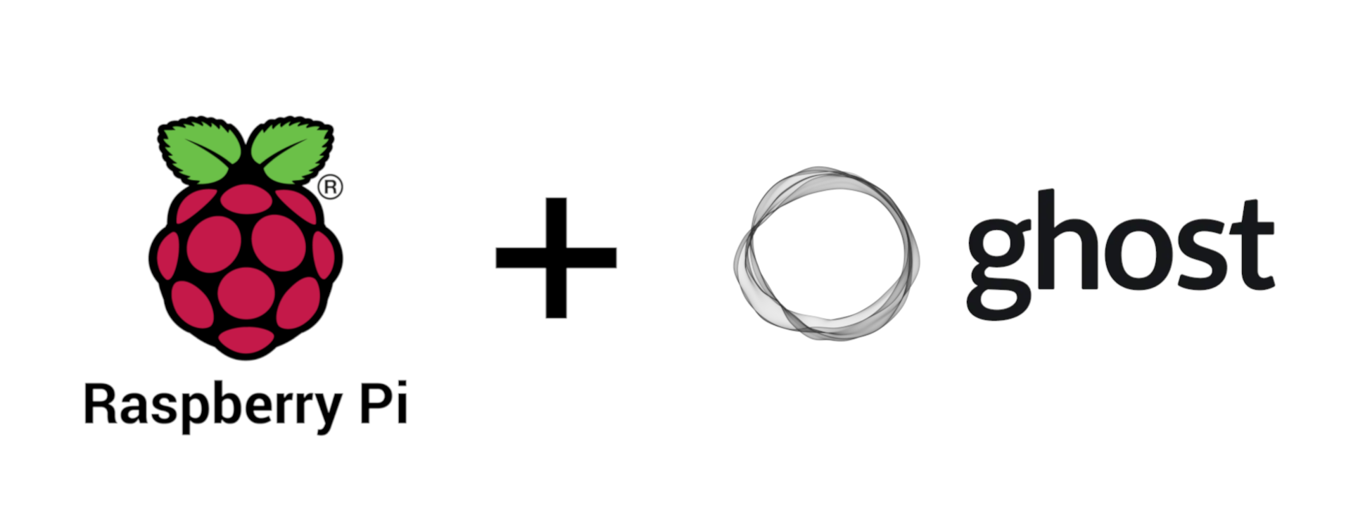 Raspberry Pi logo, a plus sign, ghost logo and name