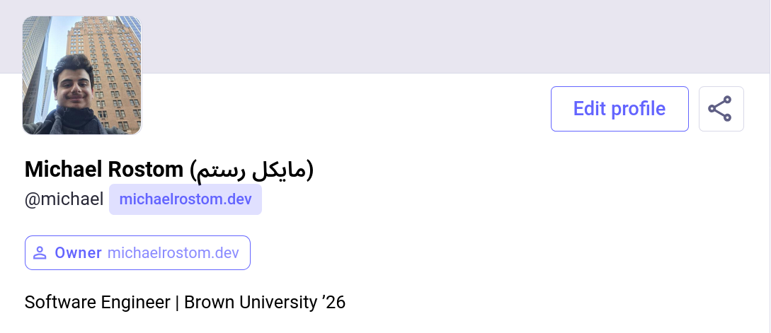 Screenshot of Mastodon website shows my profile: @Michael@michaelrostom.dev. Along with a short description: Software Engineer | Brown University `26.